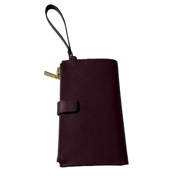 Michael Kors Jet Set Double Zip Wallet Phone Case Wristlet Merlot Leather Gold - Picture 2 of 10